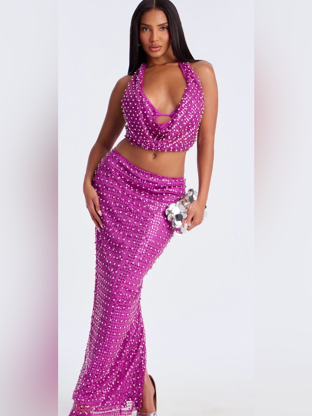 Fashion Nova Fuchsia Sequin Two-Piece Halter Skirt Set